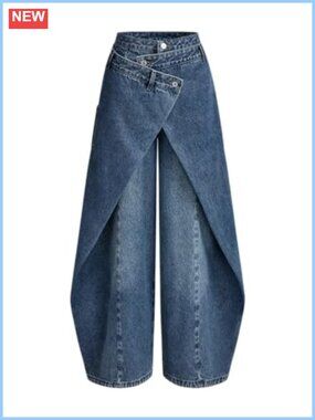Womens High Rise Wide Leg Cargo Jeans Wrap Front Polyester Spandex